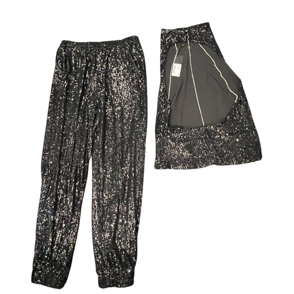 Gianni Bini Black Sequin Backless Top Rhinestones‎ Jogger Pants NEW $250 Small